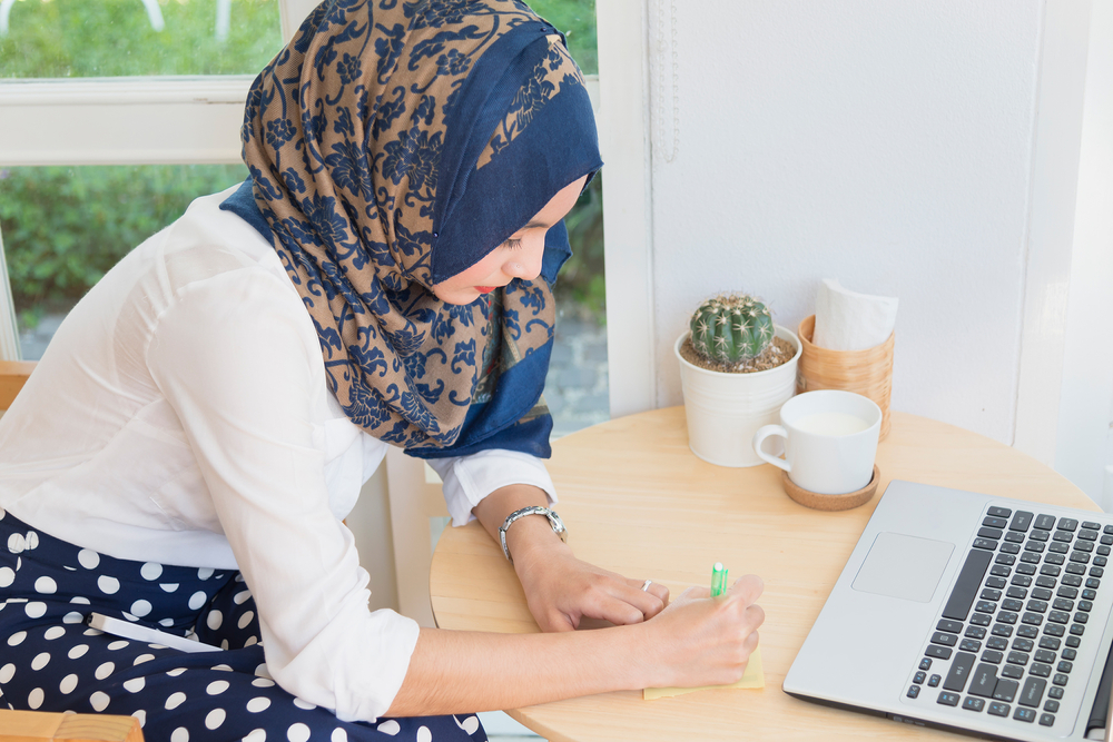 Muslim woman working from home, flexible working
