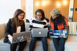 three women in tech working on laptops, gender diversity