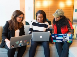 three women in tech working on laptops, gender diversity