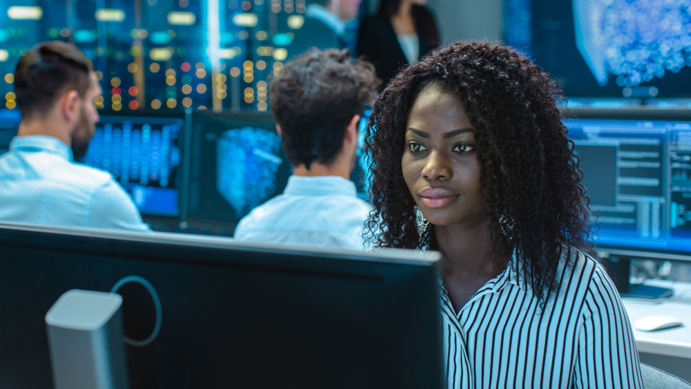Black woman working on computer, engineering