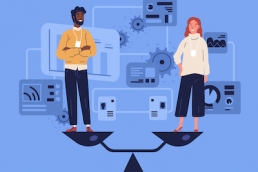 Smiling man and woman standing on weighing dishes of balance scale. Concept of gender equality at work or in business, equal rights for both sexes. Colorful vector illustration in flat cartoon style.