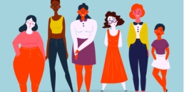 Diverse international and interracial group of standing women, women empowering women