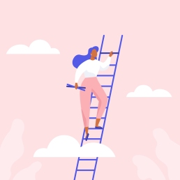 Woman climbing the ladder. Сareer growth, achievement of success in business or study.