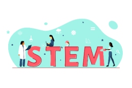 showing girls or women in STEM (Science, Technology, Engineering, Mathematics against a green background with symbols including equal sign, cog, cloud, graph, stars and a beaker