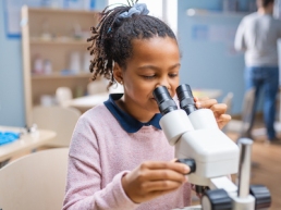 Portrait of Smart Little Schoolgirl Looking Under the Microscope. In Elementary School Classroom Cute Girl Uses Microscope. STEM (science, technology, engineering and mathematics) Education Program